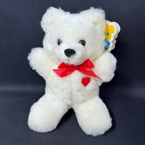 Dakin Heart Throb Bear Plush 9" White Teddy Red Satin Bow Nature Babies VTG 1983